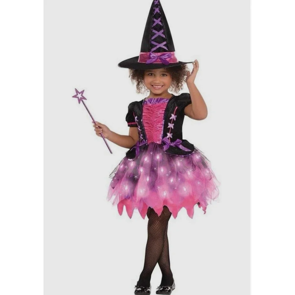 Toddler Girls Cute Sparkle Witch Halloween Costume Light Up Dress Hat Wand 3-4T